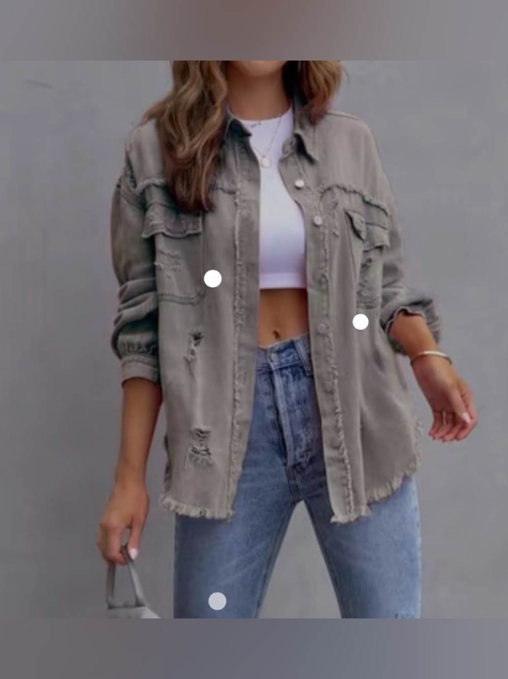 Women's Plain Ripped Raw Hem Button-Front Drop Shoulder Denim Jean shirt 
S